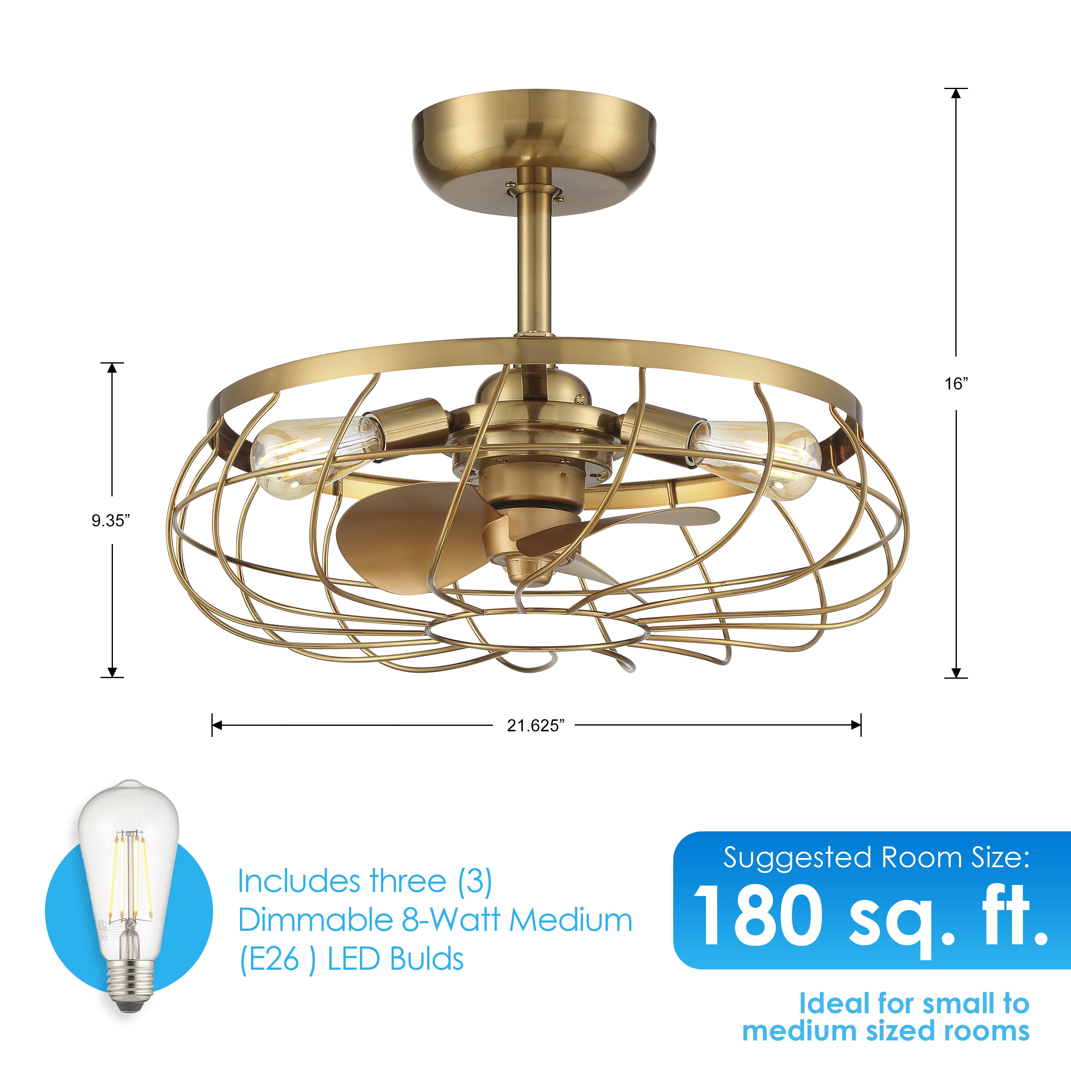 SANTIAGO® 22" Caged Ceiling Fan - Aged Brass Finish