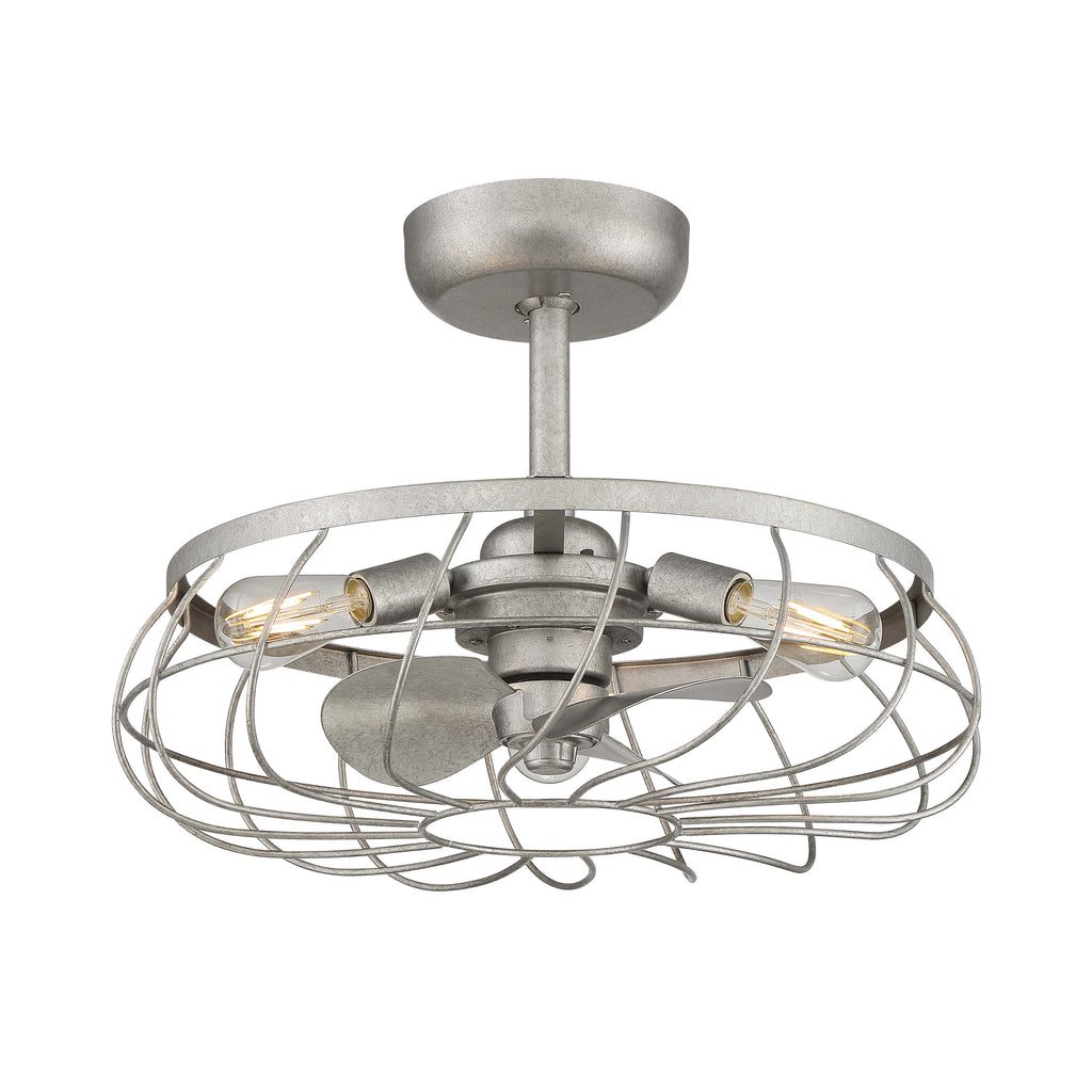 A brushed nickel ceiling fan with wooden blades and a built-in light fixture.