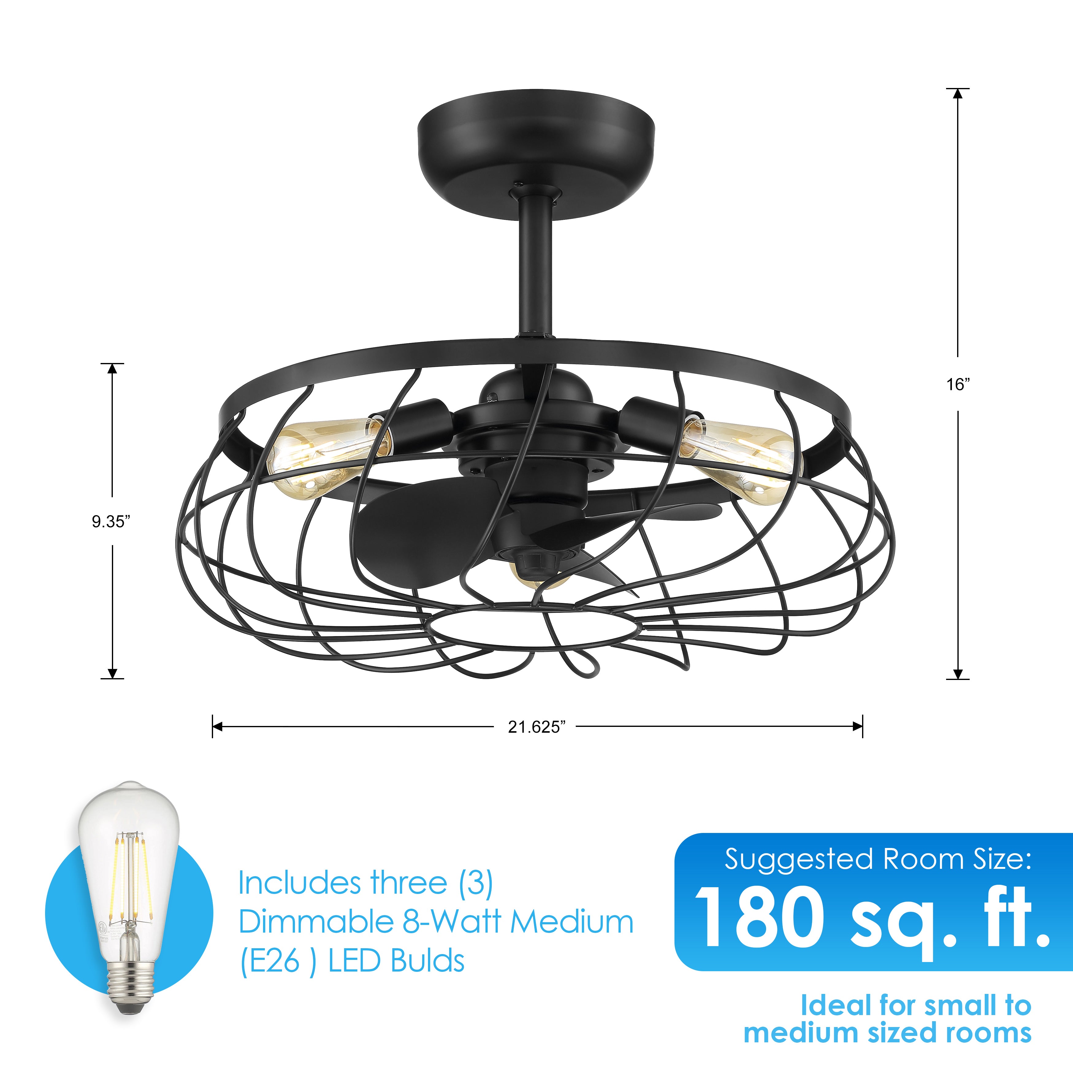SANTIAGO® 22" Caged Ceiling Fan  - Matte Black Finish