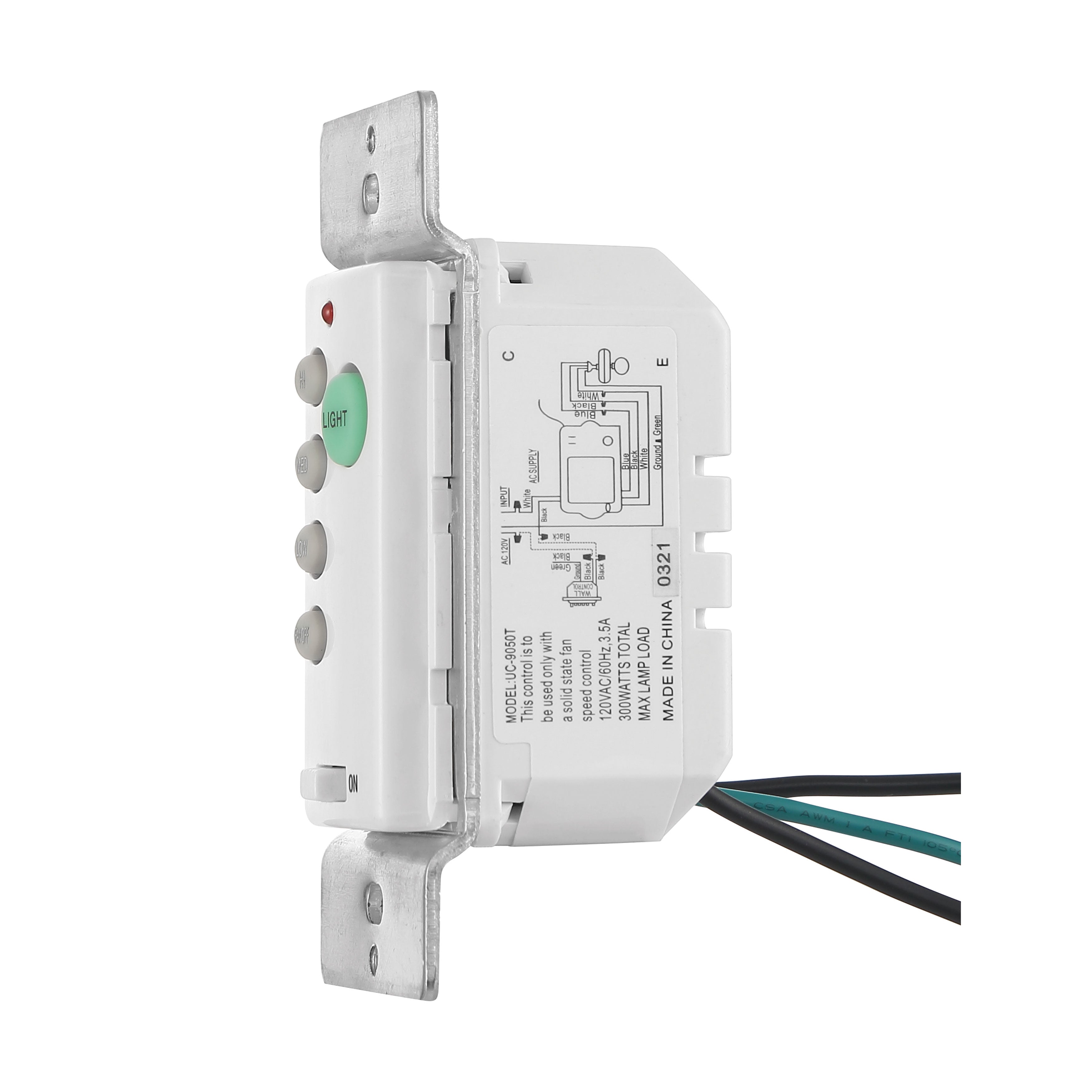 Arranmore fan remote pictured showing the settings of Hi, Med, Low, Off and lights. 