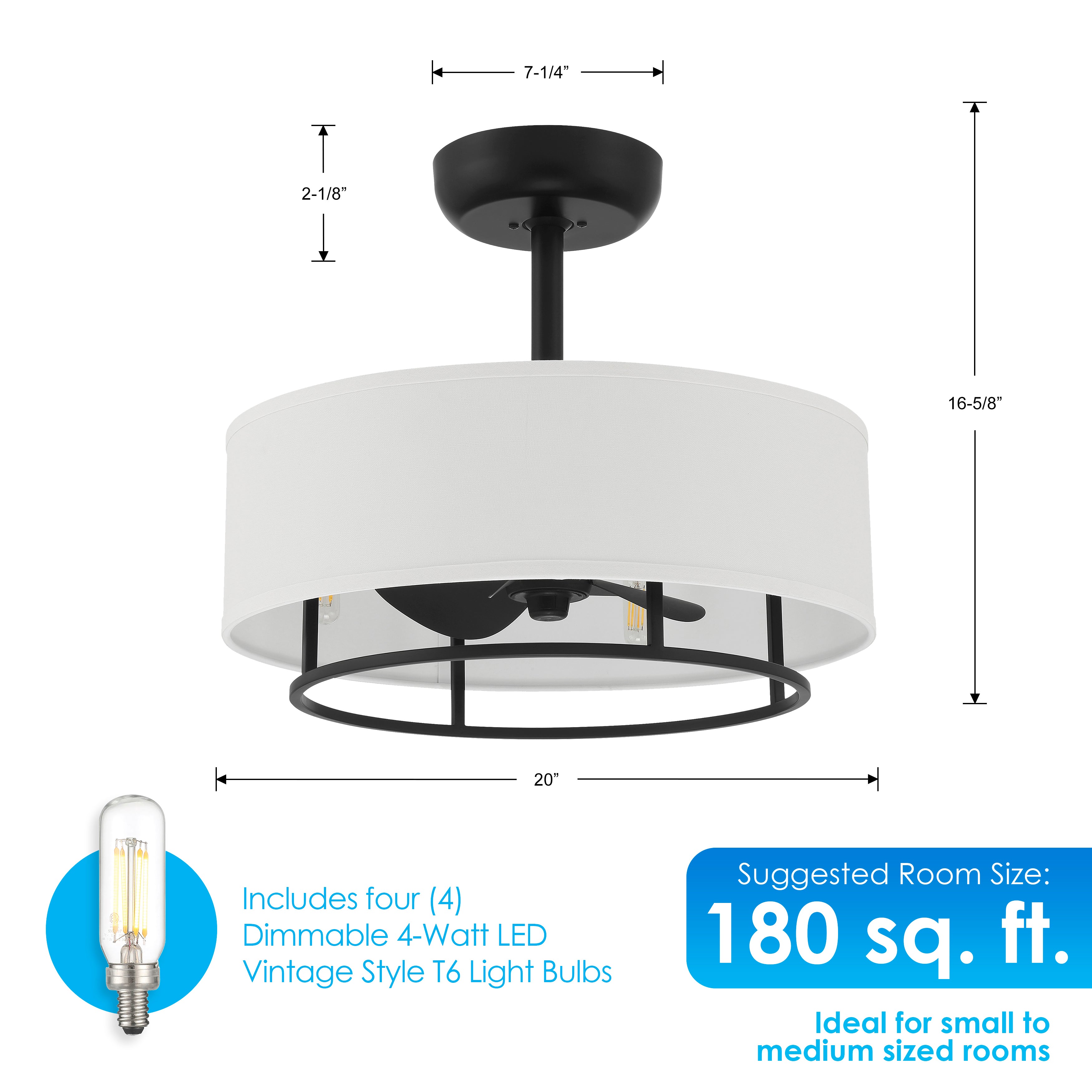 Low Profile Linen Drum Shade Light Kit for Ceiling Fan - S.T. Lighting LLC.